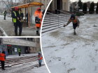 В Ростове городские службы проводят обработку дорог и тротуаров противогололедными материалами, ведется расчистка снега
