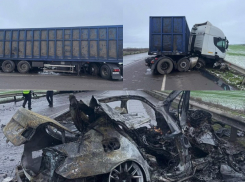 Выехавший на встречку водитель BMW погиб в ДТП с фурой и загорелся 