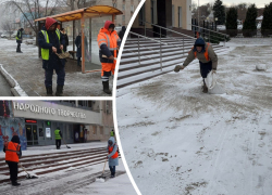 В Ростове городские службы проводят обработку дорог и тротуаров противогололедными материалами, ведется расчистка снега