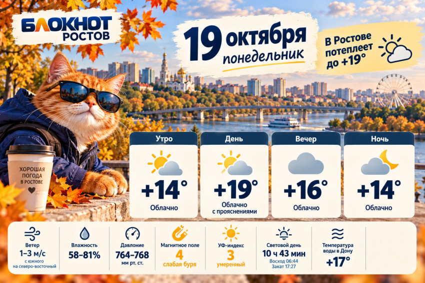 В Ростове 19 октября потеплеет до +19 градусов и ожидается слабая магнитная буря