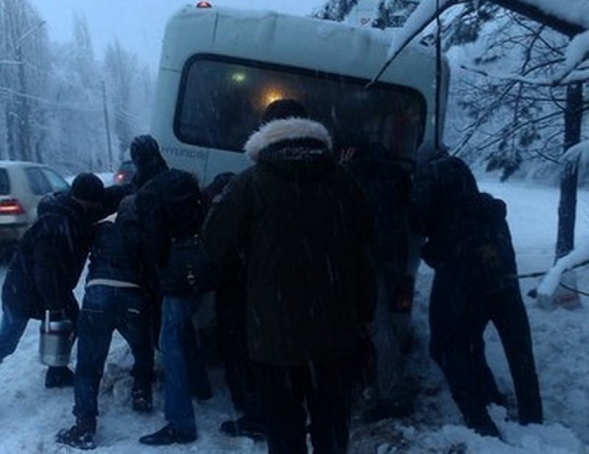 В Ростовской области пассажиры толкали застрявшую в снегу маршрутку 