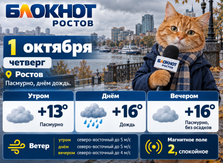 Первый день октября в Ростове будет дождливым, пасмурным и до +16 градусов