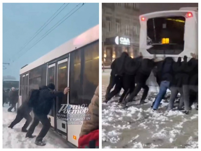 Пассажиры в Ростове толкают застрявшие в сугробах автобусы