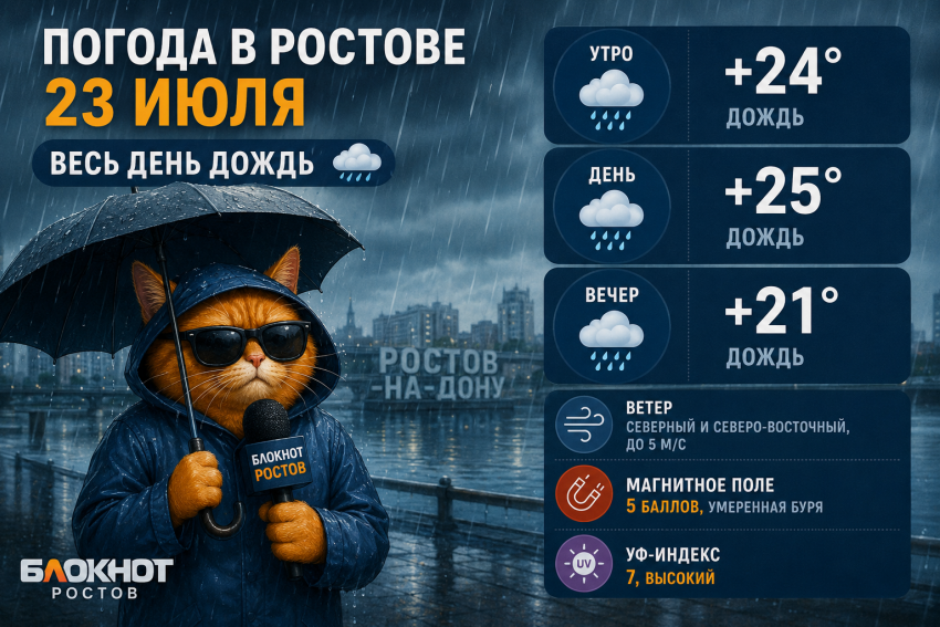 В Ростове 23 июля весь день будет идти дождь