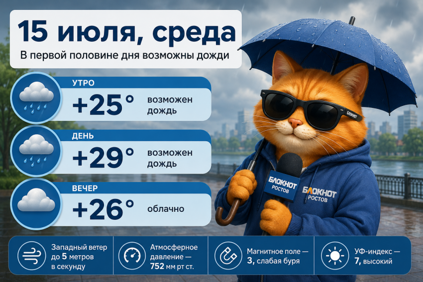 В Ростове 15 июля возможны дожди, а столбик термометра поднимется до +29