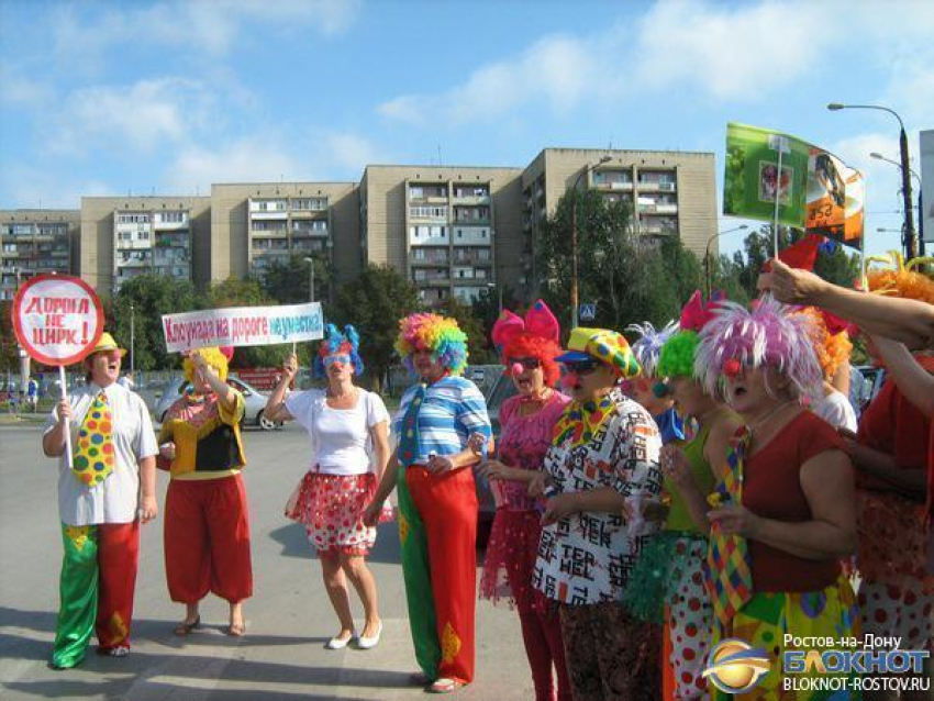 В Ростовской области сотрудники ГИБДД вывели на дорогу клоунов с транспарантами