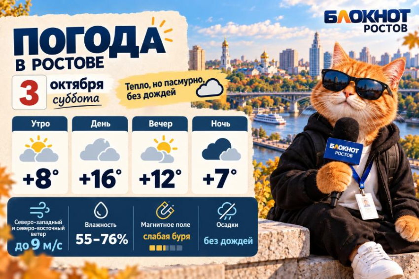 В Ростове 3 октября будет тепло, но пасмурно
