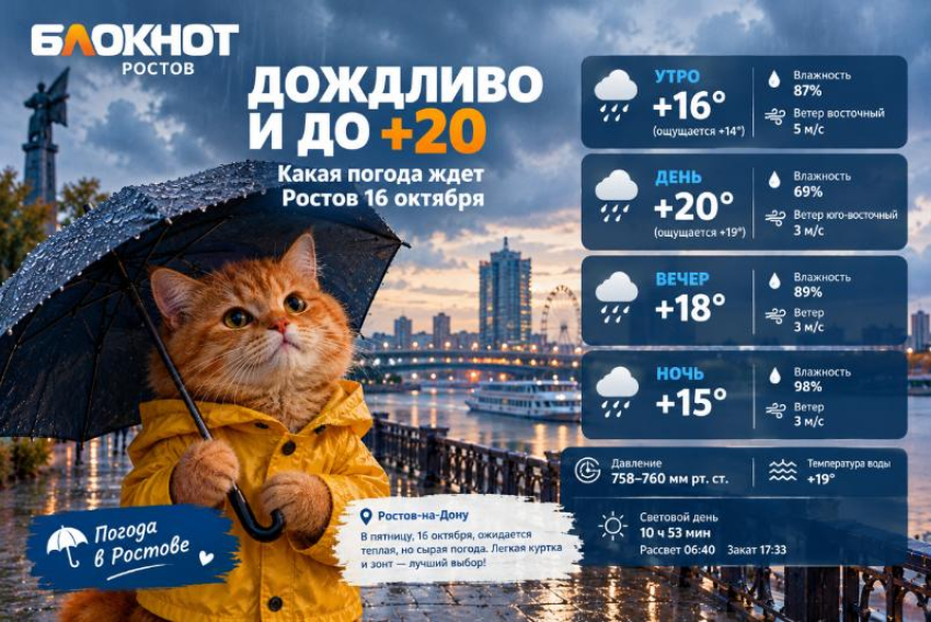 Дождливо и до +20: какая погода ждет Ростов 16 октября