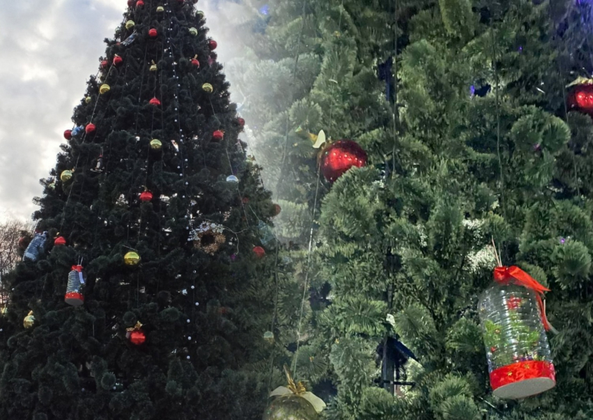 Пятилитровыми пластиковыми бутылками украсили новогоднюю елку в Каменске-Шахтинском