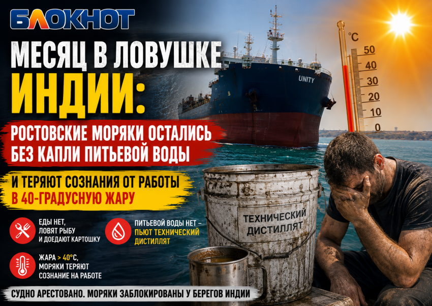 «Питьевой воды нет»: ростовские моряки теряют сознание в жару 40 градусов на заблокированном судне в Индии