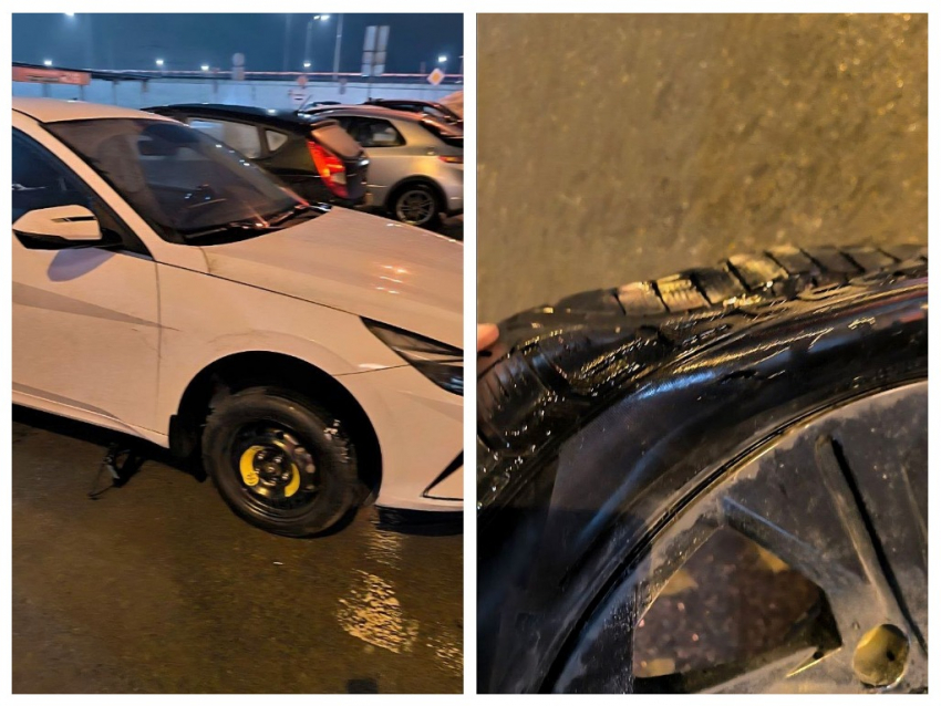 Жители Ростова пробивают колеса в ямах после ушедшего асфальта вместе со снегом