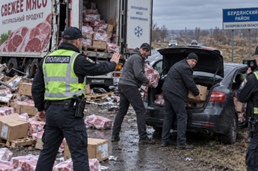 Двое дончан-мародеров попались полиции Запорожья, когда пытались стащить мясо из попавшей в ДТП фуры