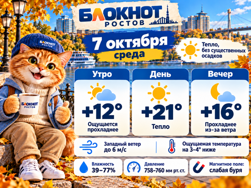 До +21, но ощущаться будет холоднее: какой будет погода в Ростове 7 октября